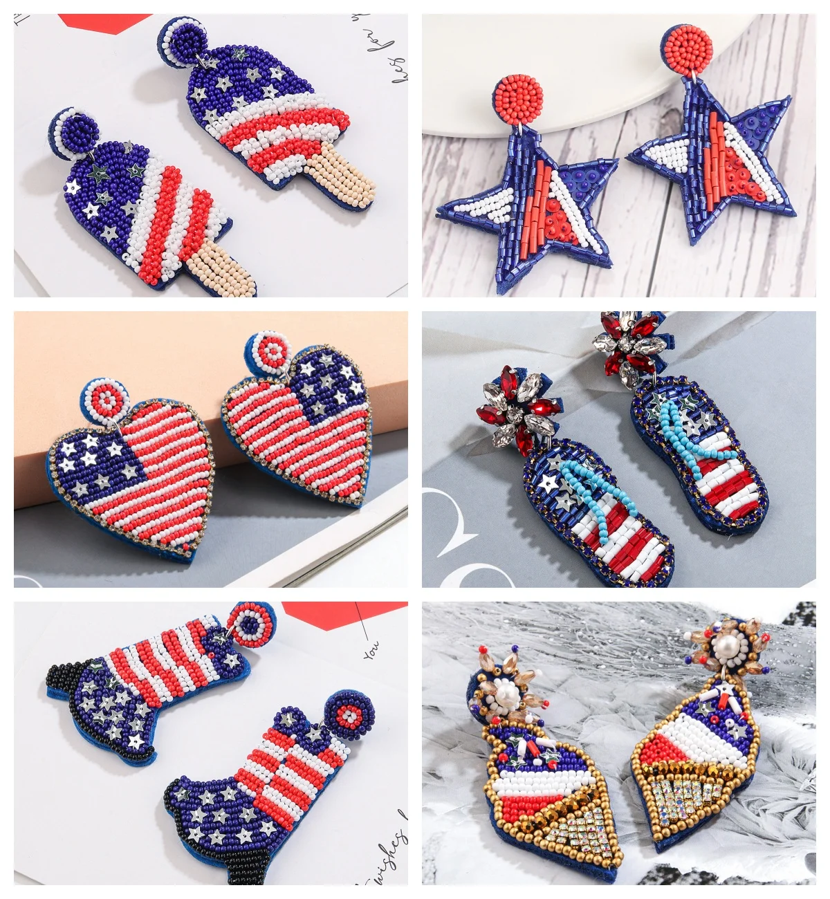 

4th Fourth of July Jewelry Accessories Patriotic USA Independence Day American Flag Star Stripe Seed Beaded Slippers Earrings