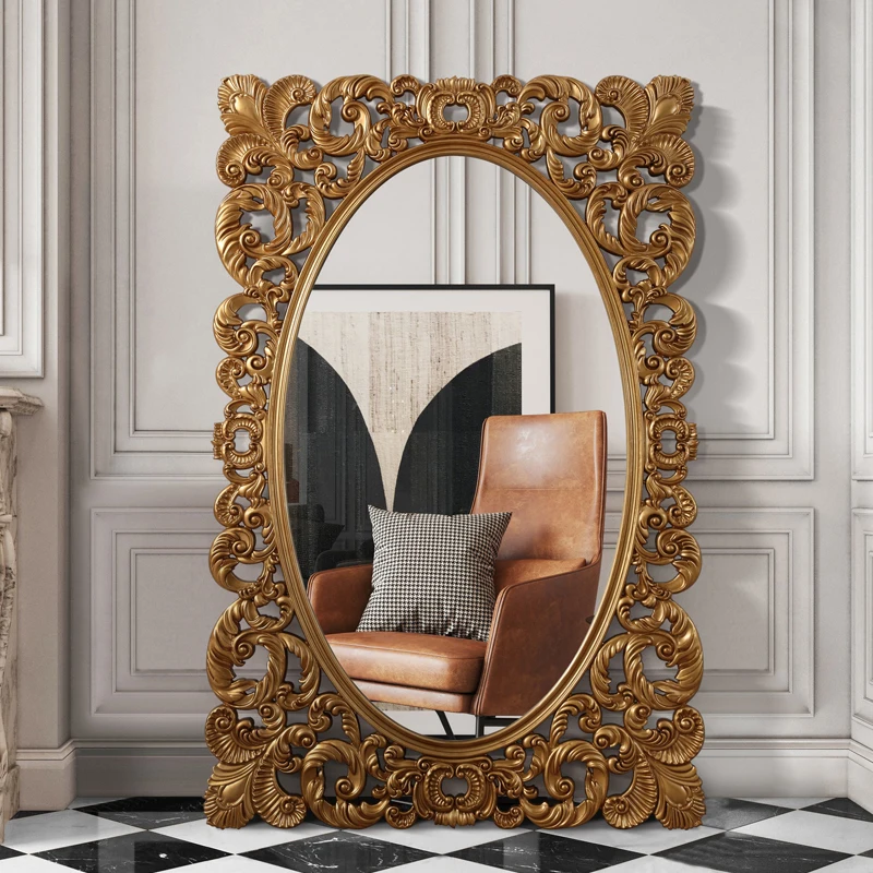 

Star same European luxury full body mirror French retro carved floor mirror villa wall hanging full-length mirror