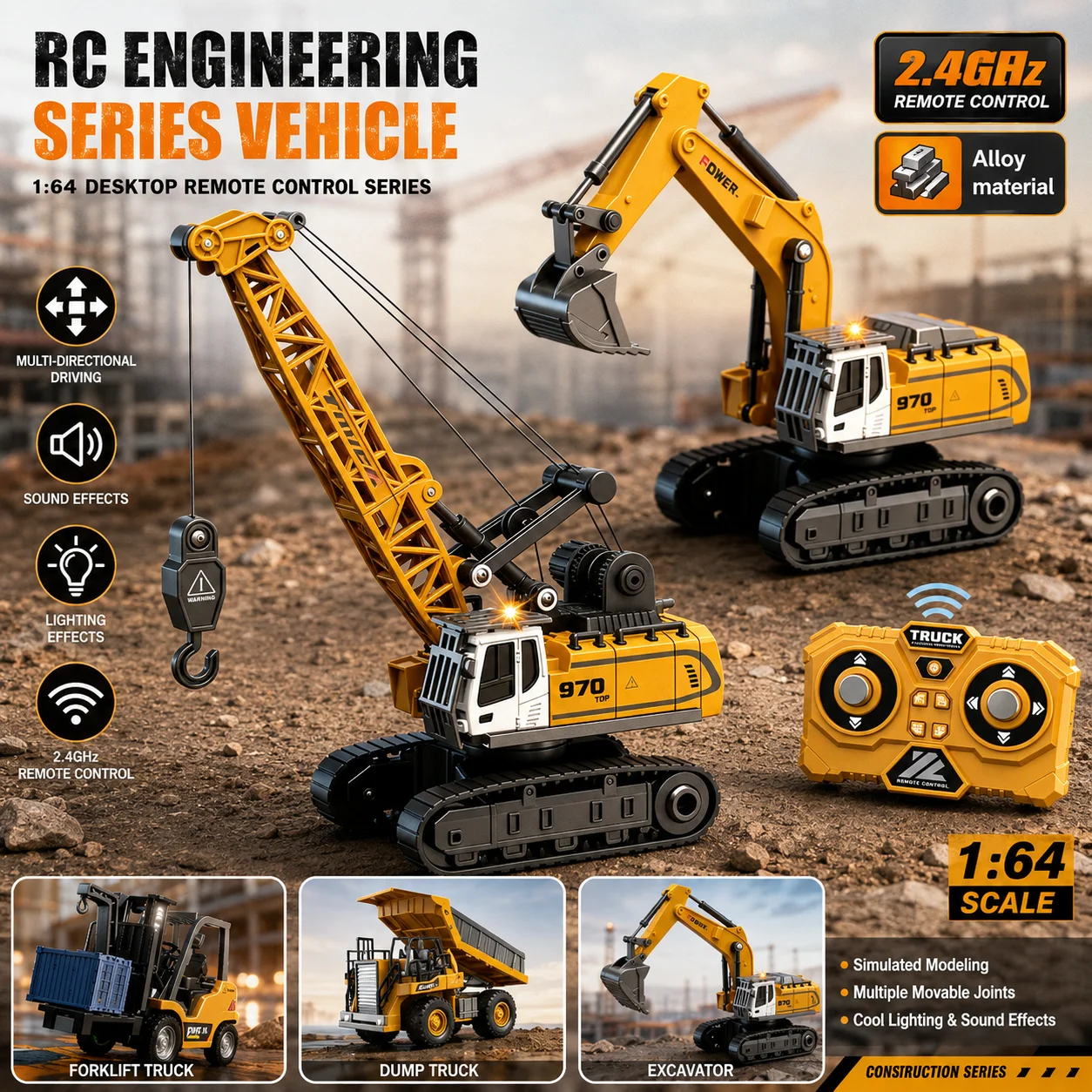 1:64 RC 2.4G_Hz Remote Control Car Forklift Excavator Crane Tabletop Game Mini Alloy Engineering Lift Truck Children's Toys Gift