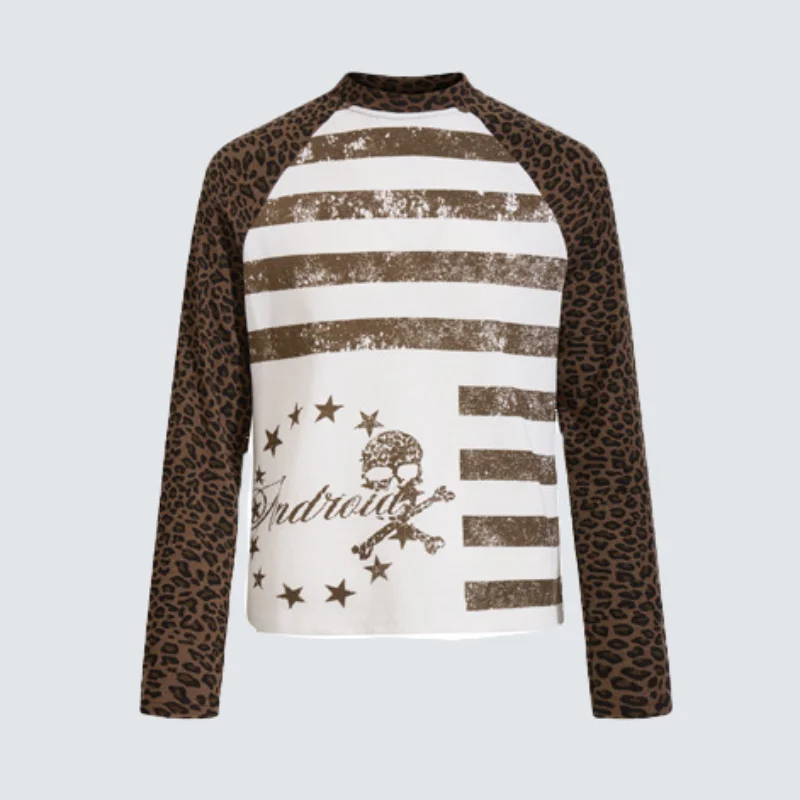 MWJLPWQ Y2k Vintage Distressed Long-Sleeve T-Shirt Unisex American-Style Leopard Print Patchwork Raglan Sleeves Tops 21377