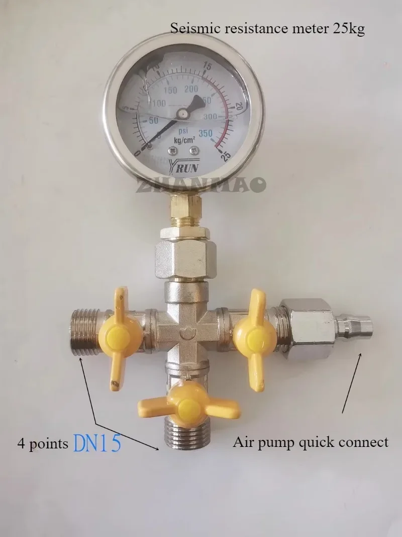 Four Way Pressure Test Valve, Tap Water, Geothermal and Underfloor Heating Pressure Gauge, Leak Detector with 4 Points