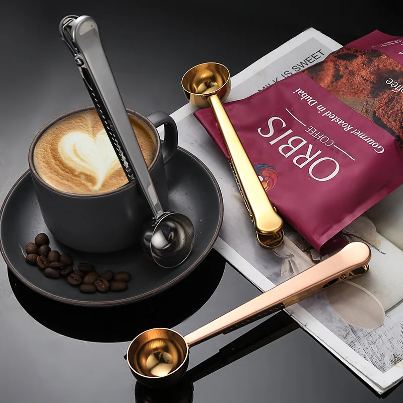 Cuchara medidora de café de acero inoxidable 2 en 1, cuchara multifuncional para granos de café, leche en polvo, harina, abrazadera sellada, cuchara, herramienta para café