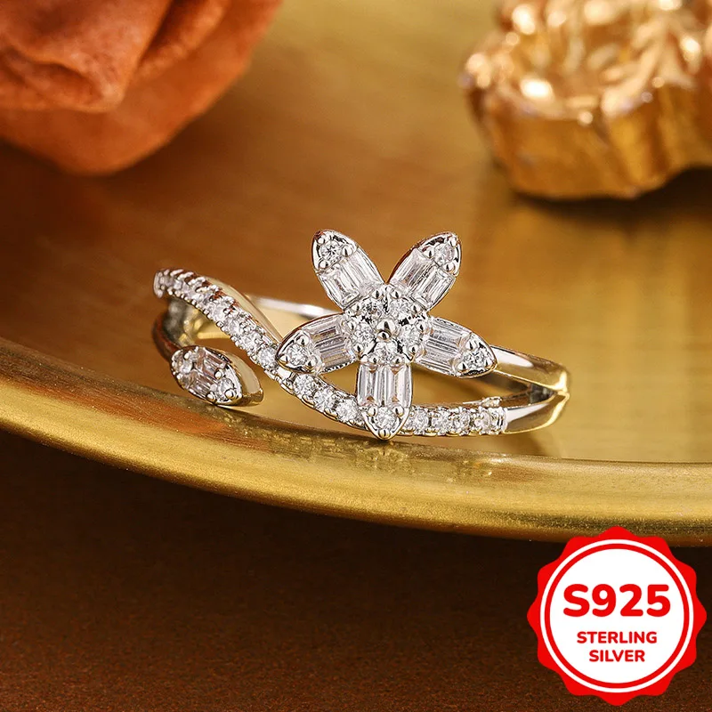 Fashionable authentic S925 sterling silver irregular flower geometric opening adjustable daily commuting gift jewelry