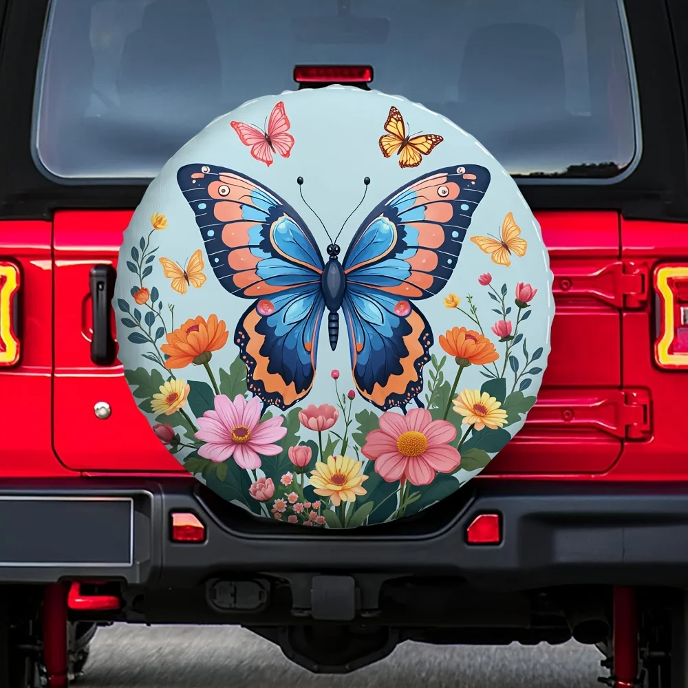 One Piece Of 2D Flat-Printed Tire Covers Featuring Butterflies And Flowers, Perfect As Birthday Gifts. Suitable For Jeep Tire Co
