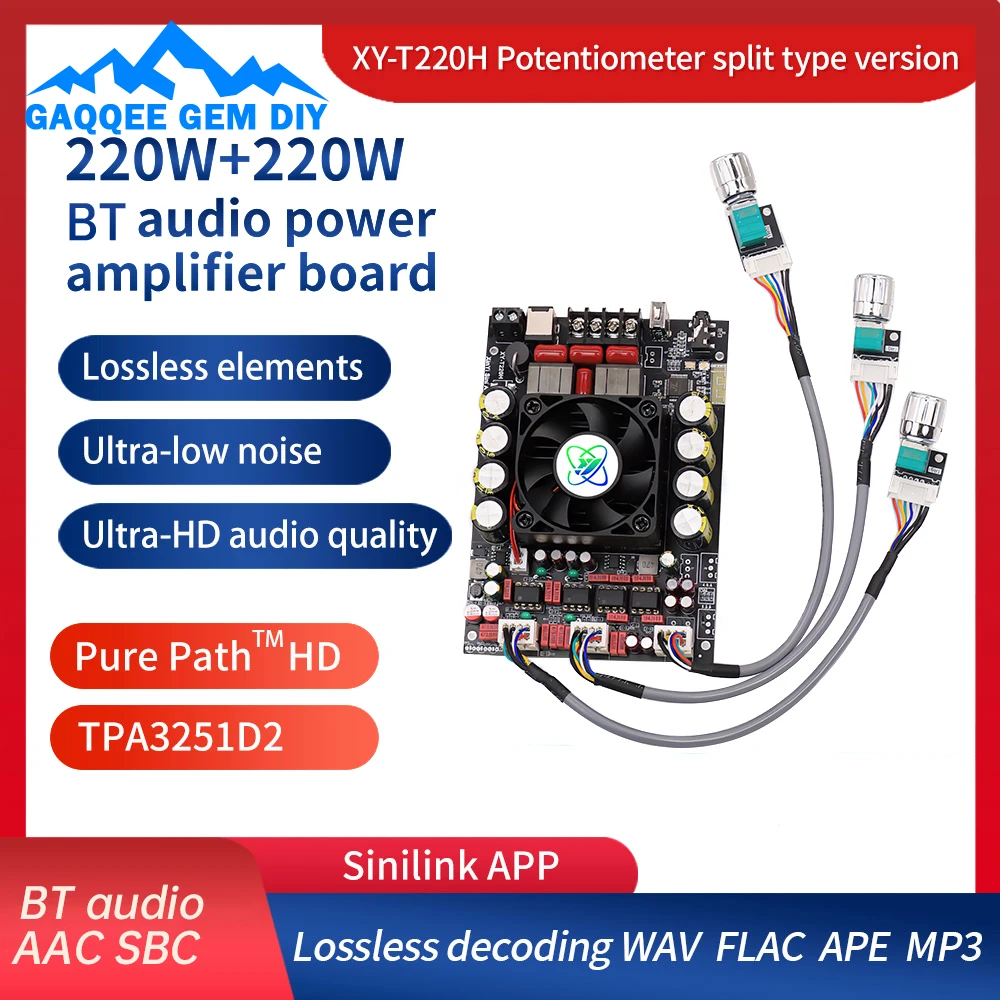 XY-T220H-W Bluetooth Amplifier Board Adjustable 2.0 Channel 220W*2 HiFi Stereo TPA3251 Audio Decoder Board For Sinilink App