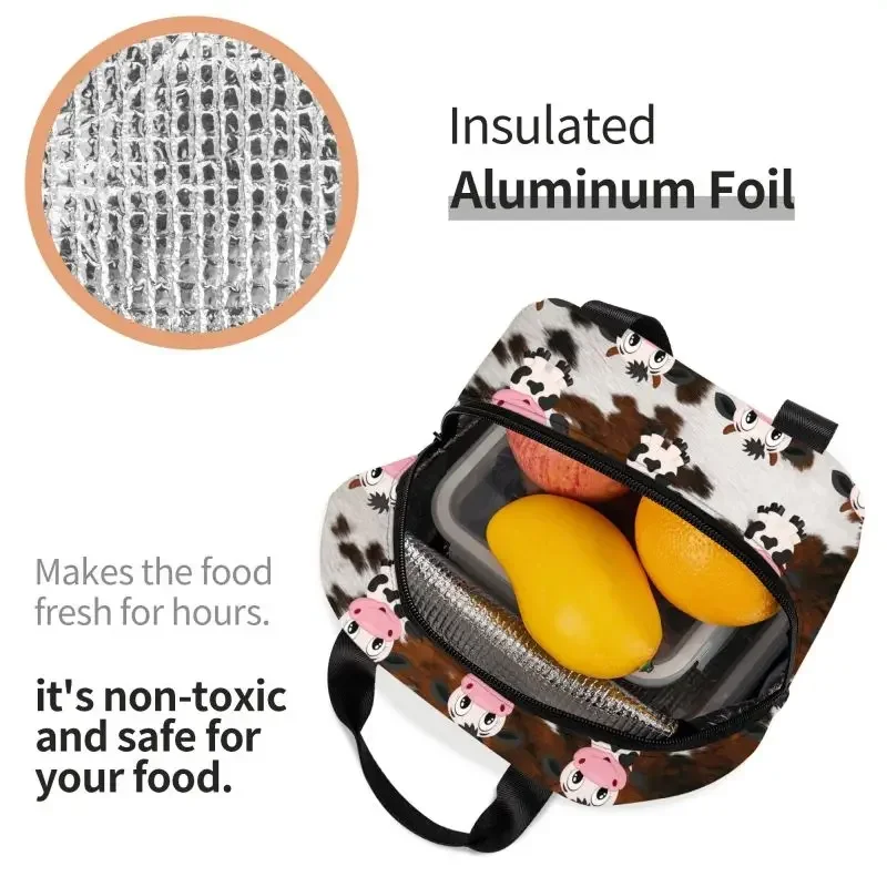 Bolsas de almuerzo con aislamiento de vaca lechera de dibujos animados para acampar, viajar, refrigerador impermeable, caja térmica Bento para mujeres y niños