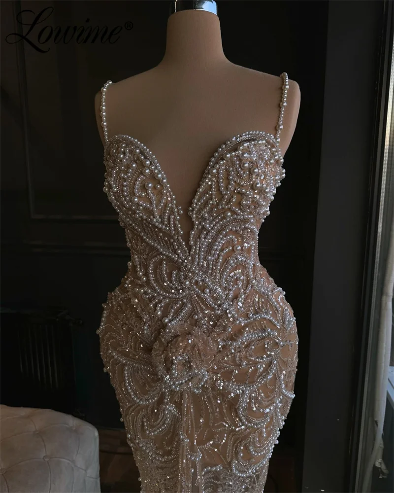 Robe de Soirée de Forme Sirène Transparente avec Perles, Tenue de Bal avec Fleurs Faites à la Main, Couleur Champagne, Bretelles Spaghetti, 2024