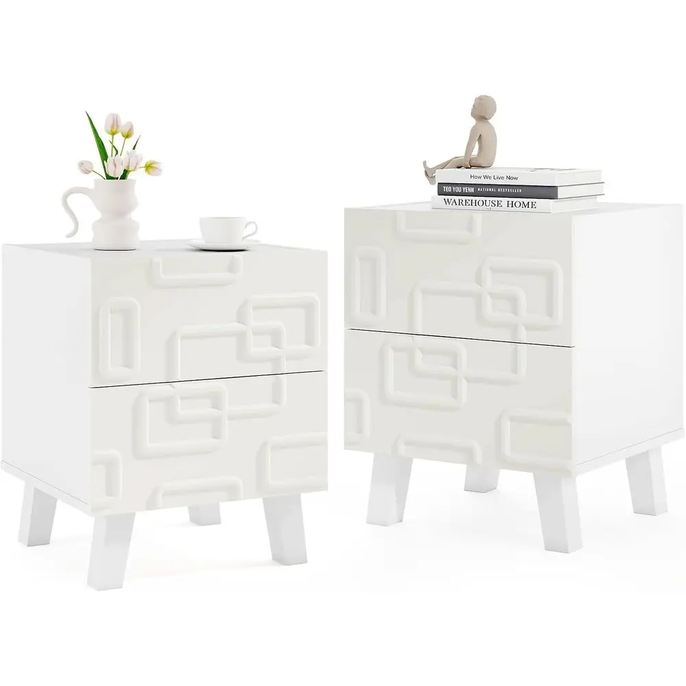 

Mid-Century Modern 2-Drawer Nightstands Set, Geometric Patterned Bedside Tables, Accent Side Tables for Sofa, Nightstands with S