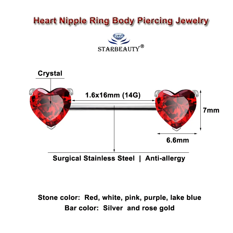 1Pair 1.6x16mm White Red Zircon Heart Nipple Rings Crystal Nipple Piercing Bar Sexy Women Nipple Jewelry Helix Piricing Earrings