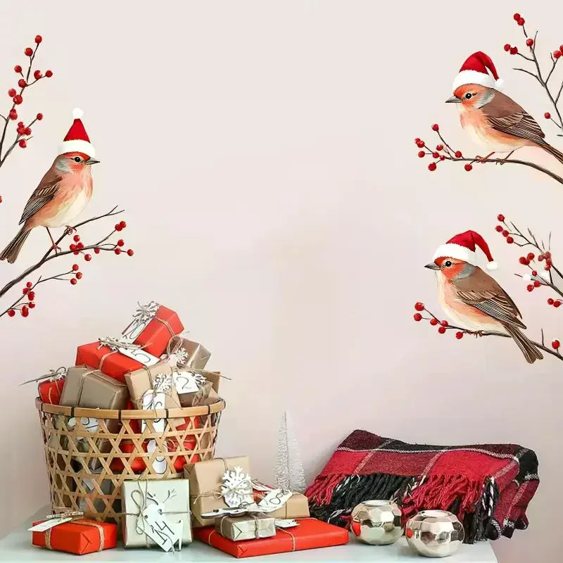 1PC Three Birds In Santa Hats Window Stickers Christmas Theme Red Berry Branches Decorative Wall Stickers For Glass And Window