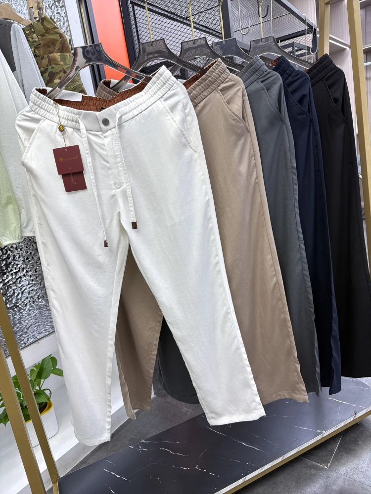 

Imported Fabric Lyocell Linen Men's Spring Summer Thin Straight Leg Casual Pants Elastic Waist Casual Trousers