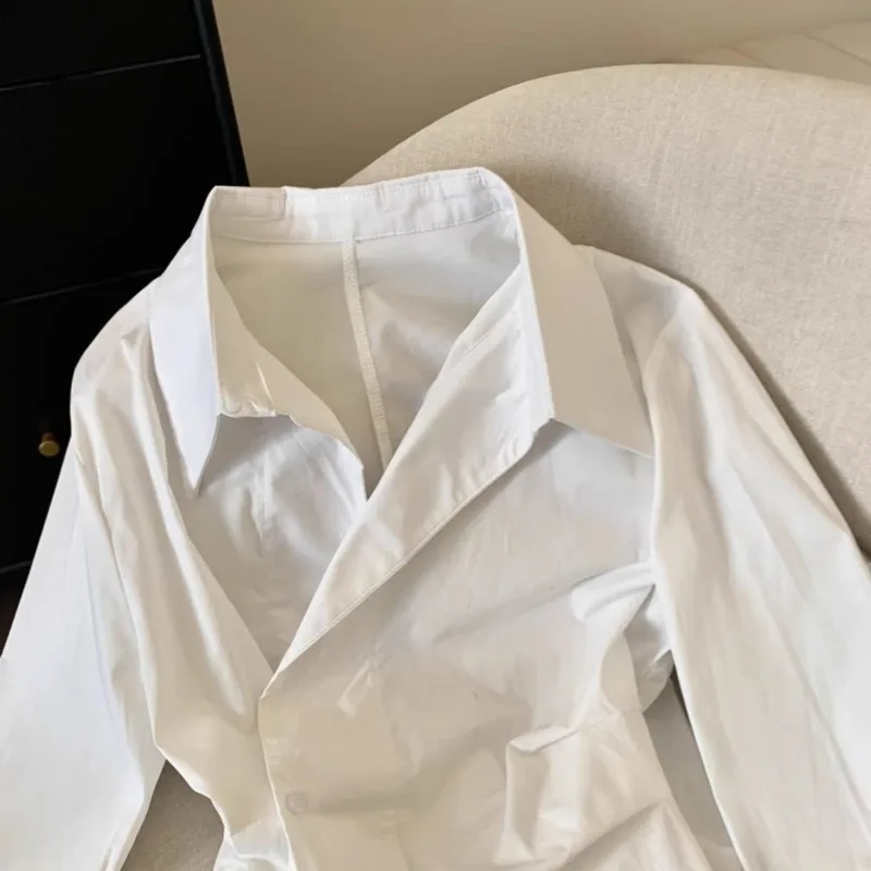 HKSH Spring Autumn New Women Shirt Long Sleeve Turn-down Collar Irregular Waist Cinching Solid Color Elegant Tide Blouse HK17221