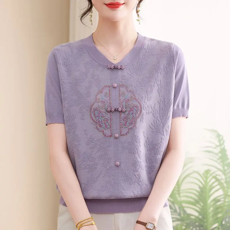 Lavender V Neck Short Sleeve Knit Cardigan with Beaded Embroidery Chinese Style Loose Fit Summer Women Pullover Top