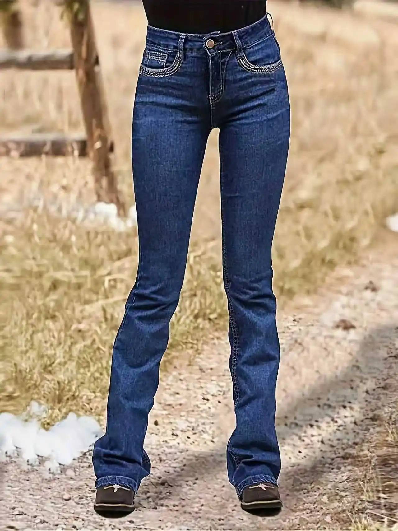 Ladies' dark blue slimming studded denim long pants, retro style, mid-rise, elastic, with star embroidery, slightly flared jeans