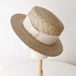 Fashion Handmade Vintage Straw Flat Top Wide Brim Hats For Women Summer Casual Beach Hat Fadora Hat For Woman Chapeau Ete Femme