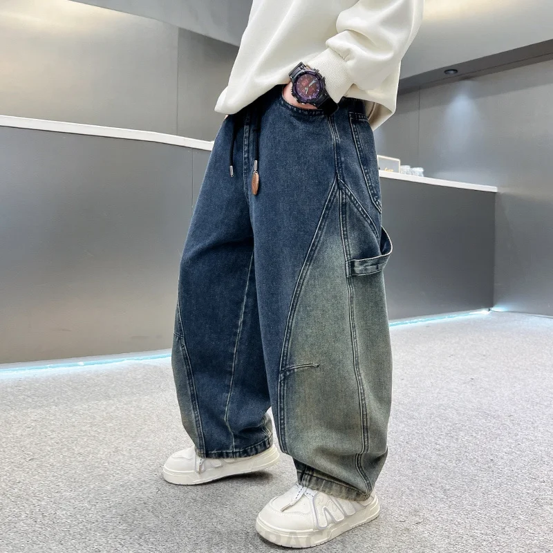 Stylish Kids Child Hip-Hop Harajuku Retro High Street Gradient Jeans for Boys Fashion Baggy Blue Denim Pants Casual Trousers