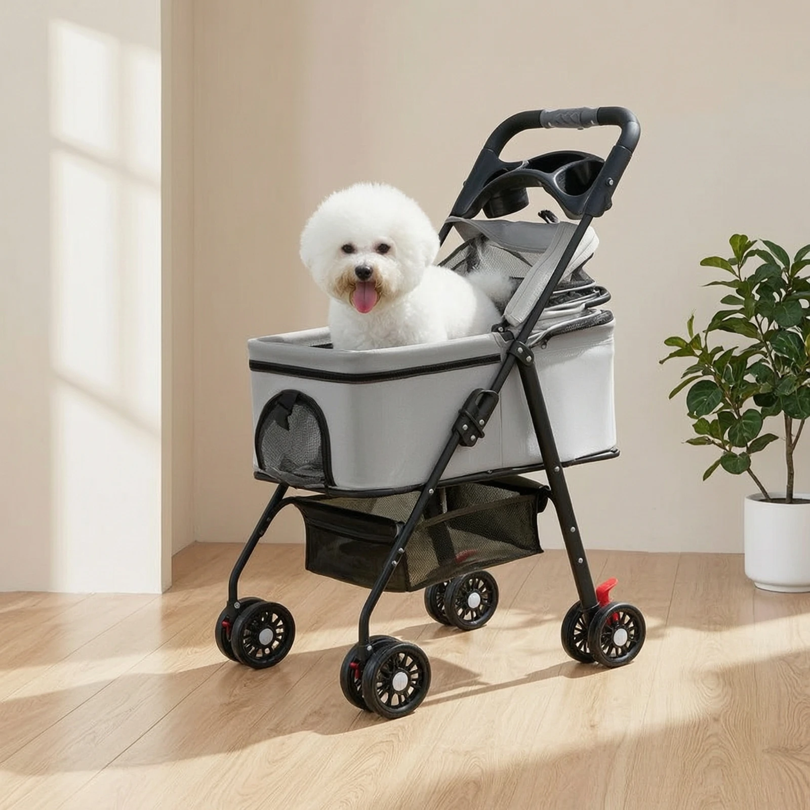 Pet Stroller with Detachable Carrier Ventilated Foldable Pet Stroller Dog Pram Breathable One-Hand Folding for Small Dogs view 6