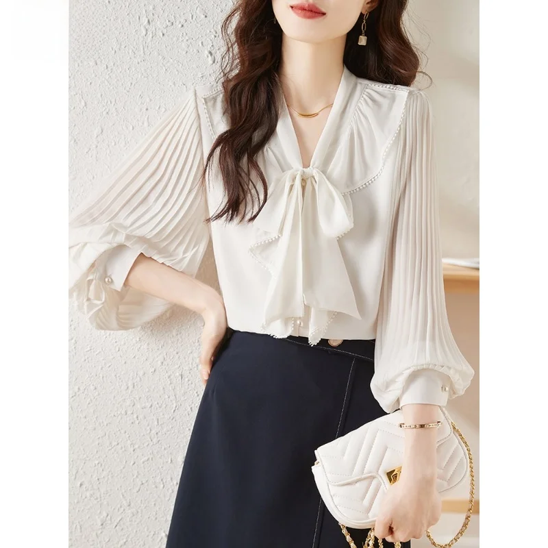 

Женская блузка Ele V-Ne Long Sve с V-образным вырезом, длинными рукавами-фонариками, из шифона, с узлами, плиссировкой и кружевным дизайном, весенняя коллекция