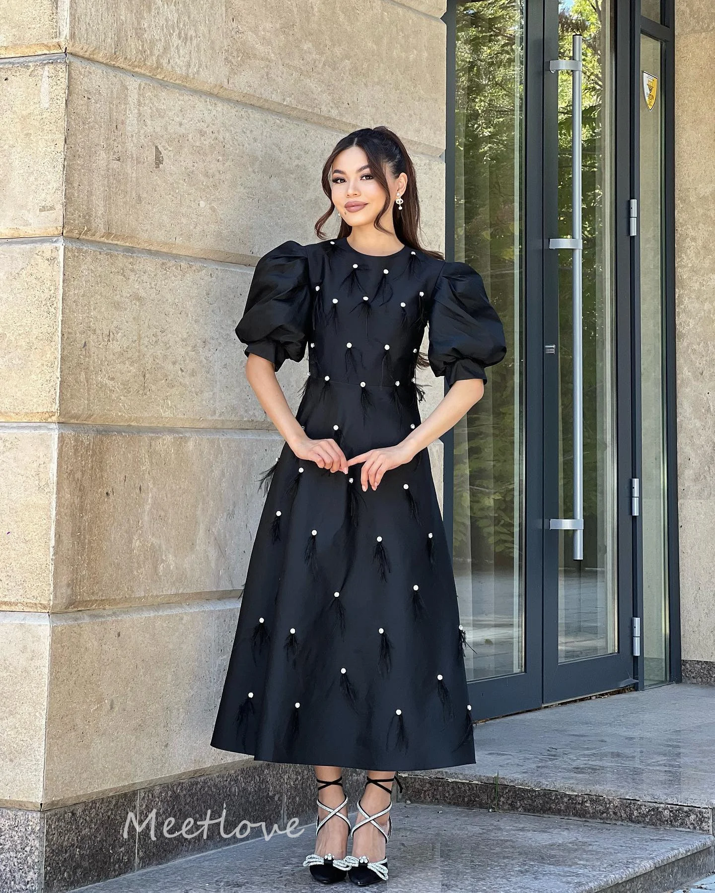 Meetlove-Vestidos De graduación con cuentas negras, vestido De noche De corte A, Vestidos De Gala para Mujer, vestido Formal De fiesta De noche hasta el tobillo