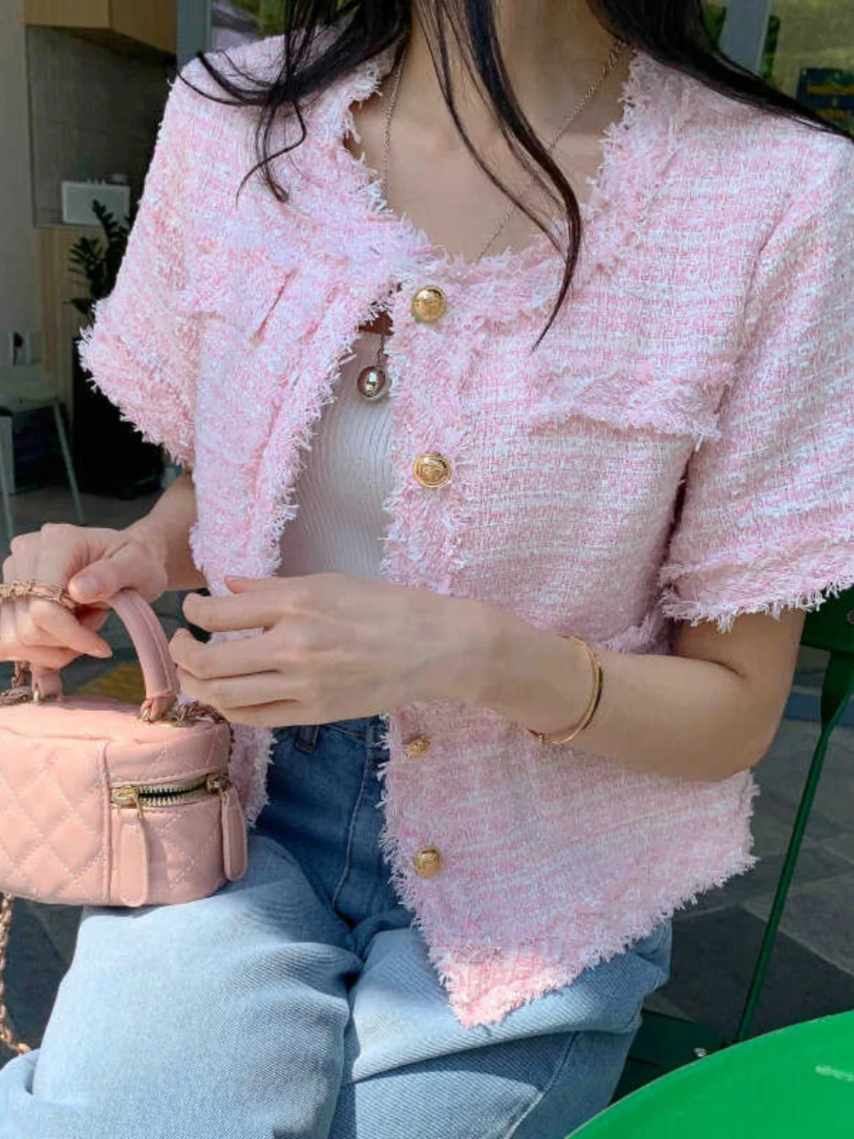 

Solowen Summer Gold Single Button Tweed Plaid ort Sve Ele Outerwear Chic Sle Straight Cut Regular Thin ort ...