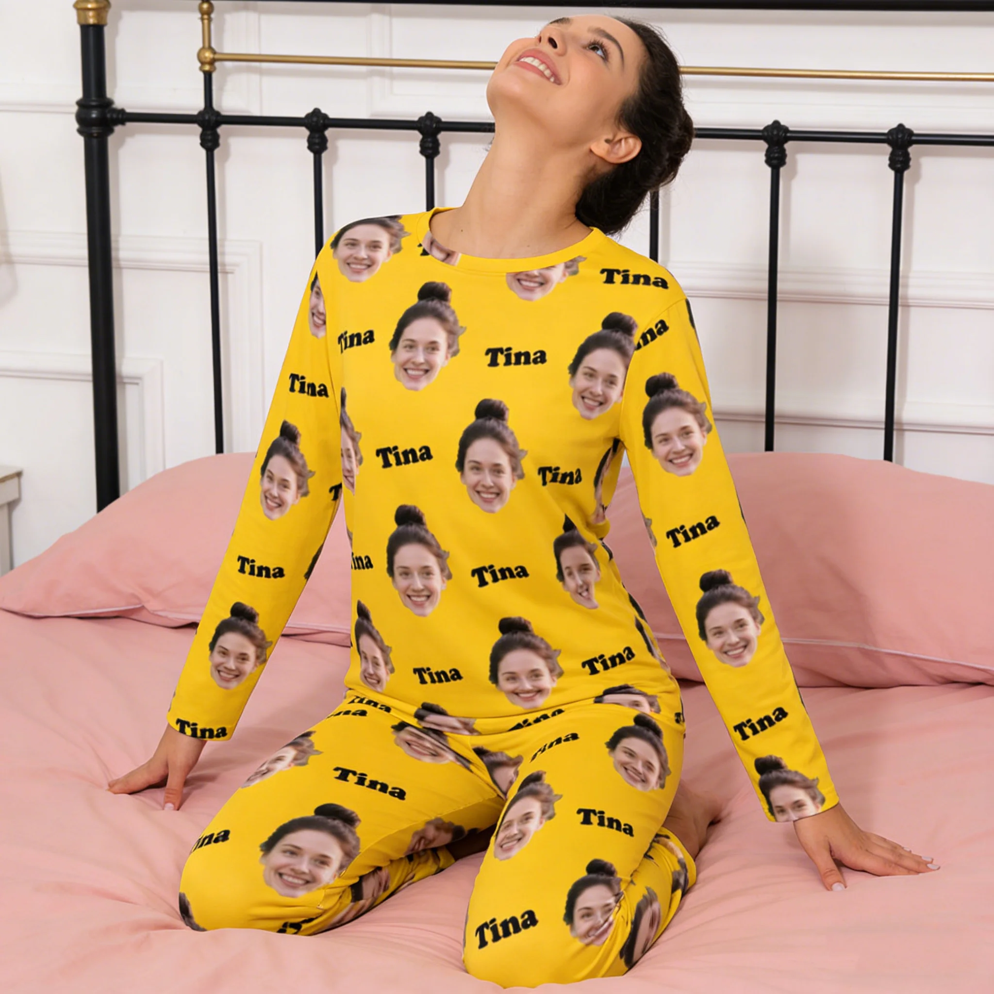 Benutzerdefiniertes Pyjama-Set mit Rundhalsausschnitt, personalisierte Bilder und Textgeschenke, Paare, Ehefrauen, Freunde, Haustiere, Familie