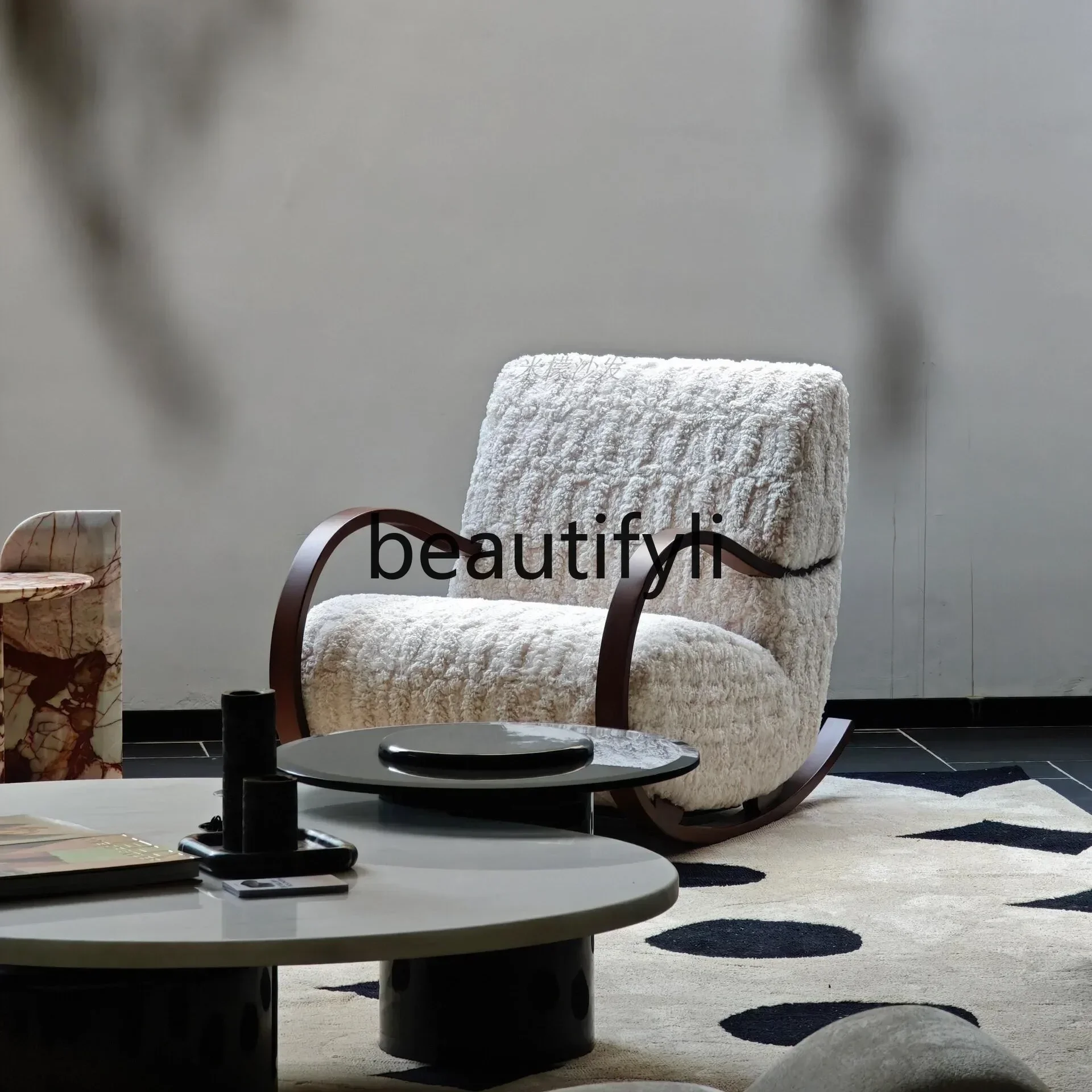 

yj21 Asmt52Lazy Leisure Sofa Chair French Vintage Solid Wood Lamb Wool Rocking Chair Designer Retro Single Sofa