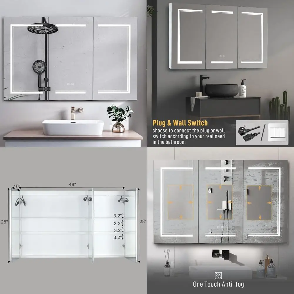 Armadietto dei medicinali da bagno a parete illuminato a 3 ante 48x28 LED con spazio di archiviazione a 3 livelli