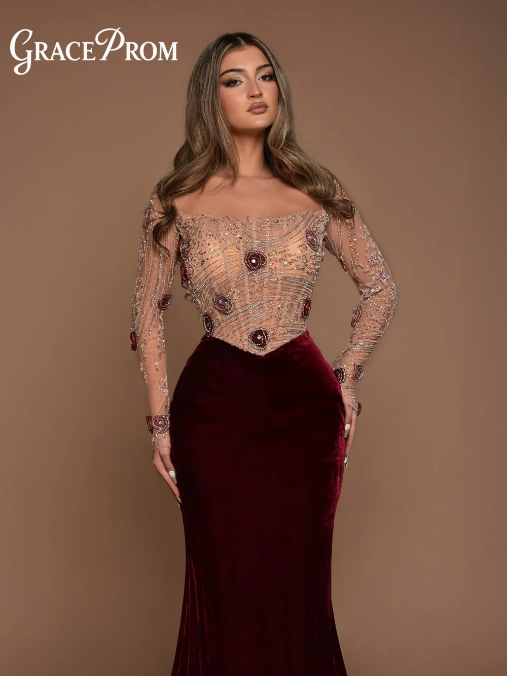 

GraceProm Elegant Burgundy Off-Shoulder Evening Dress Formal Beaded Sheer Long Sleeves Velvet Floor-Length Carpet Gown Opulent