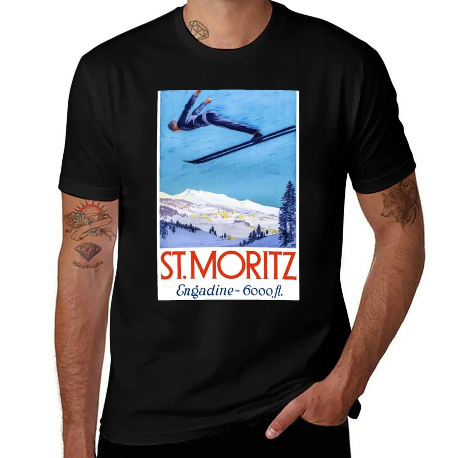 1928 St. Moritz Ski Jumper Switzerland Travel Poster T-Shirt Funny t-shirts plus size tops clothes for men