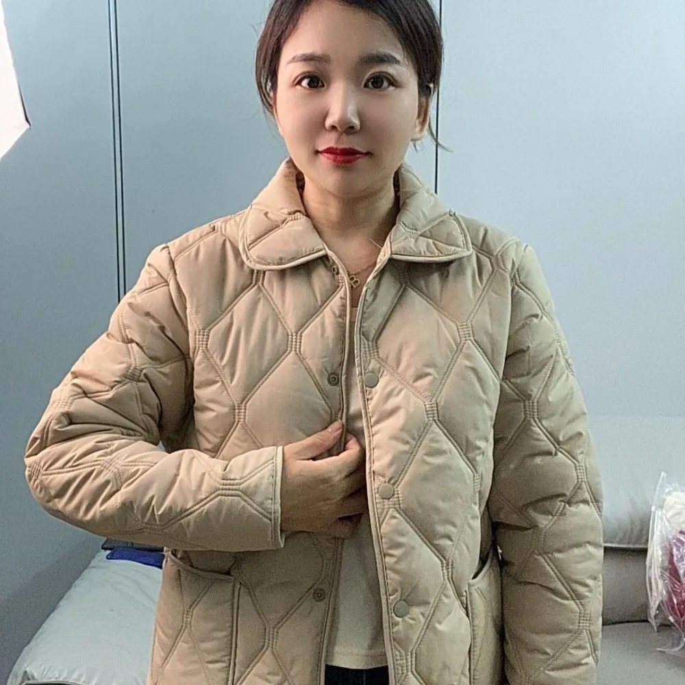 Rhomb Pattern Short Cotton Coat Big Pocket Warm Lining Casual Down Jacket Turn-down Collar Double-sided Wearable Quilted Jacket