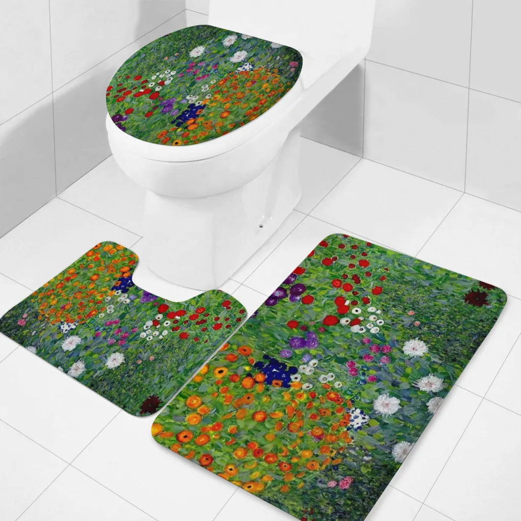 

3 Pieces Non-Slip Bathroom Rug, Toilet Mat,Bath Mat, GUSTAV KLIMT Vintage 1918 Bauerngarten Flower Garden Print Machine Washable