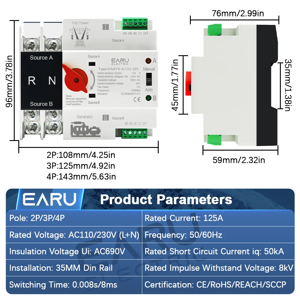 EARU Din Rail 2/3/4P AC 110V 230V 125A ATS Dual Power Automatic Transfer Switch Electrical Selector Switch Uninterrupted Power