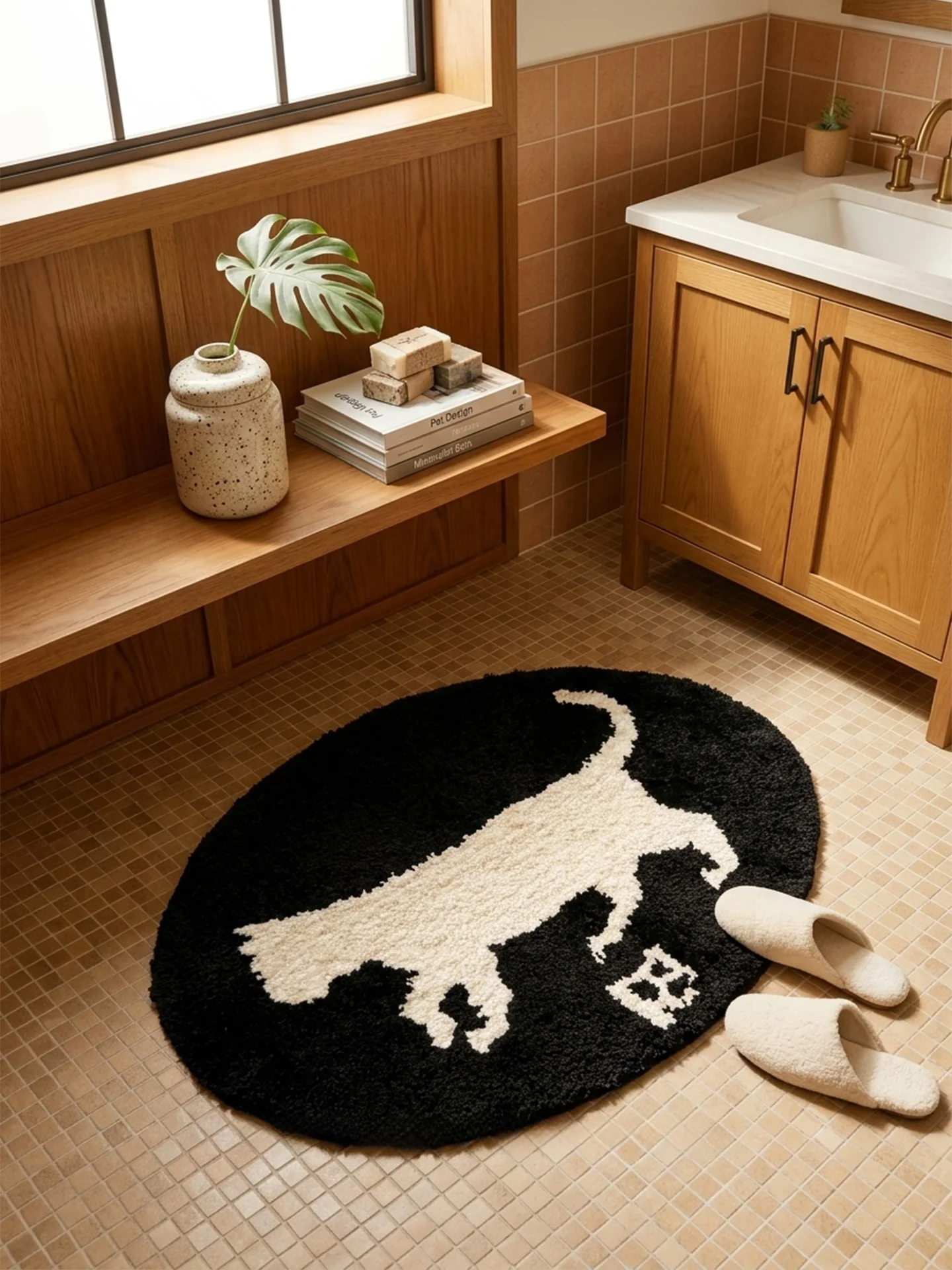 Adorable  Patterned Bathroom Mat Plush Non-Slip Floor Rug Oval Shape Home Decor Salt Brand Cream Style Machine Washable