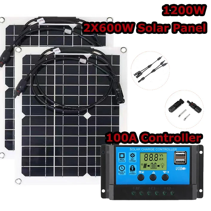 600W Flexible Solar Panel 12V Battery Charger Dual USB with 10-100A Controller Solar Cells Power Bank for Phone Car Yacht RV