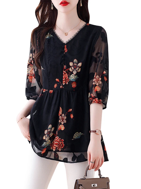 

Лето 2023, блузка с кружевной отделкой, большой размер, для похудения, с рюшами и v-образным вырезом, шифоновый топ с семью рукавами, корейский свободный крой