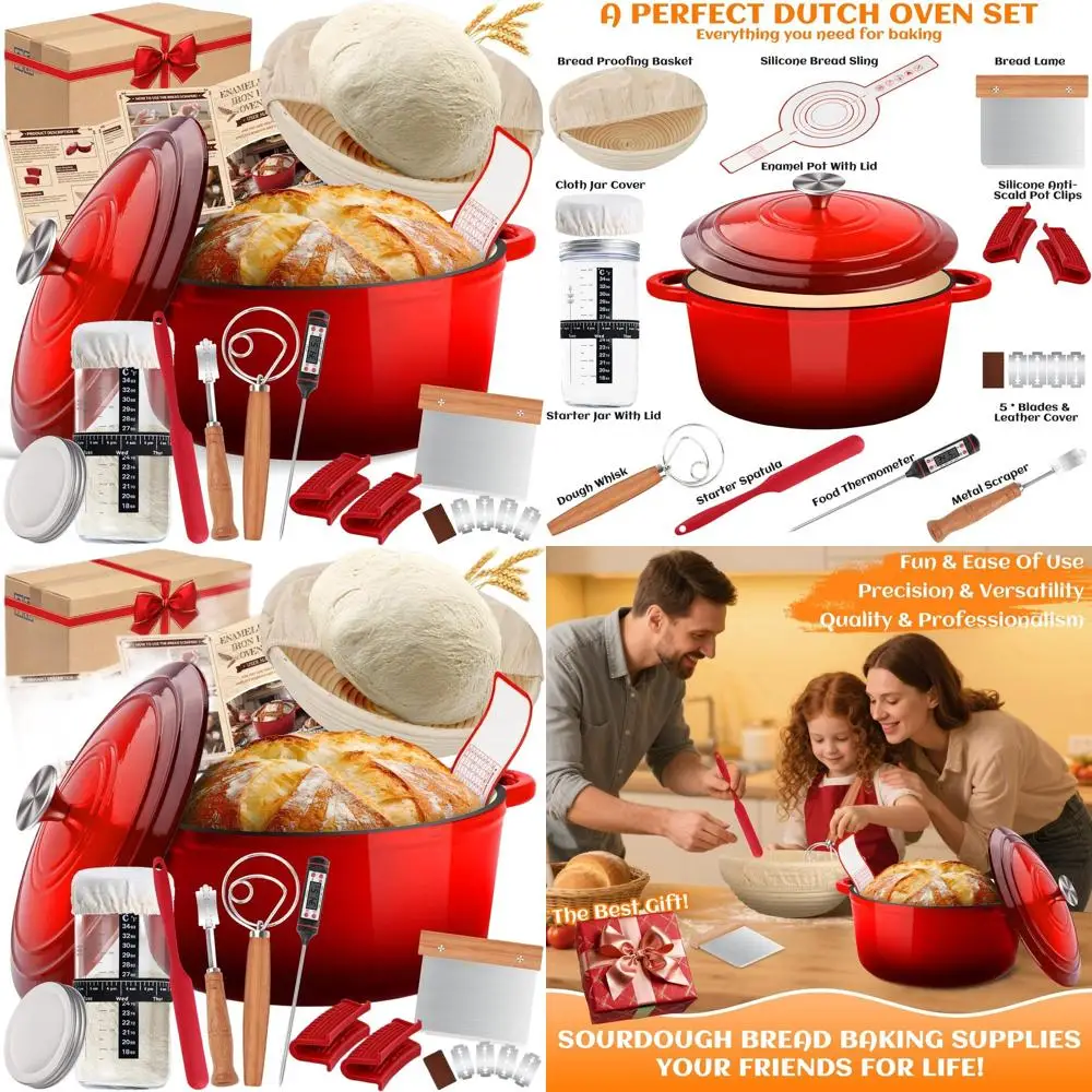

5-Quart Enamel-Coated Cast Iron Dutch Oven with Lid, Sourdough Starter Kit, Banneton, Lame, Oven-Safe to 500°F