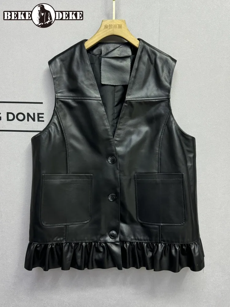 Women Genuine Leather Medium Length Cest V Neck Fashion Ruffle Sleeveless Jacket Single Breasted Real Sheepskin Casual Waistcoat