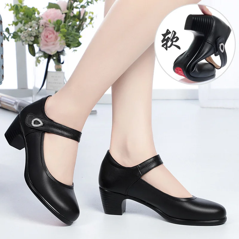 Women Fashion Round Toe Solid  PU Leather Comfort Spring Office Square Heel Pumps Classic Black Soft Bottom Single Shoes