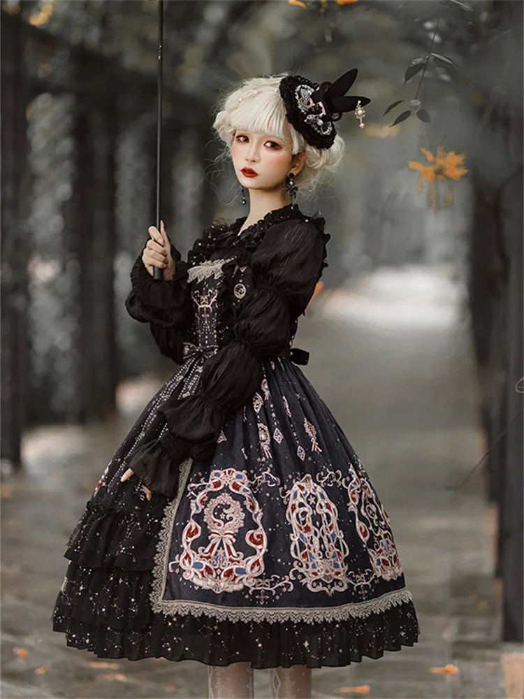 Princess Bowknot Vestidos Sequin Gothic Lolita Victoria Girl Vintage Palace Printing Dress Lolita Glossy Lotus Root Sleeve Shirt