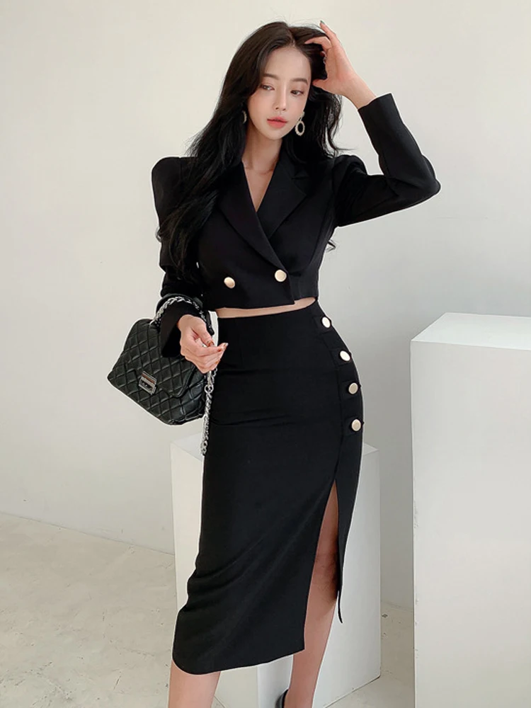 New Spring Autumn Black Formal Sexy 2 Piece Outfit Short Set Women Ladies Clothes Cropped Suit Blazer Coat High Waist Slit Skirt