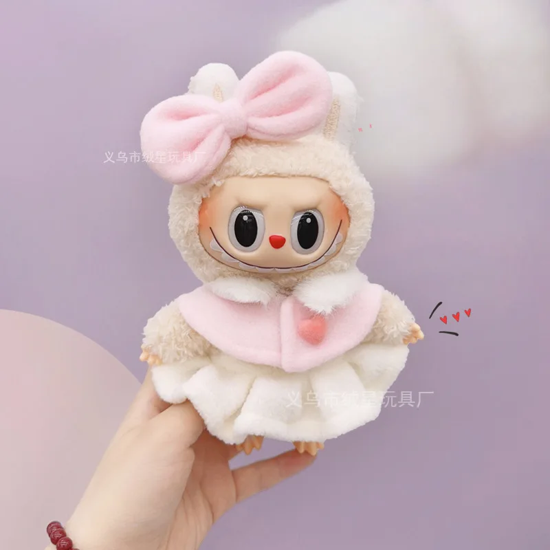 17 cm Labubu Seduta Vestiti per bambole da festa Nuovi vestiti per bambole Labubu Creativo Dolce fiocco Top e vestito Set di tre pezzi Simpatico bambola di peluche