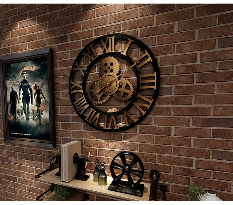 クリエイティブレトロヴィンテージ木製ギア時計、リビングルーム、バー、コーヒーショップ用の装飾時計35CM