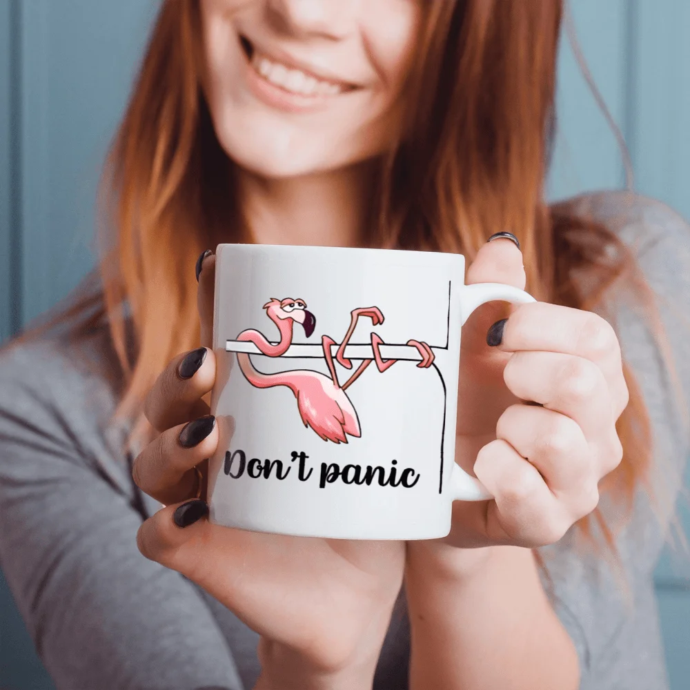 

1pc, "Don't panic" Pink Flamingo Ceramic Mug Cup - 11oz 3A Personalized Flamingo Pattern Coffee Mug, Tea Cups, Holiday Anniversa