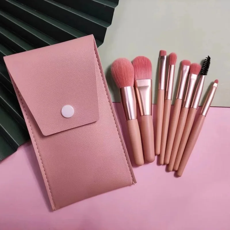 8-Piece Mini Travel Makeup Brush Set Soft Nylon Bristles Plastic Handle Custom Logo Portable PU Cosmetic Bag