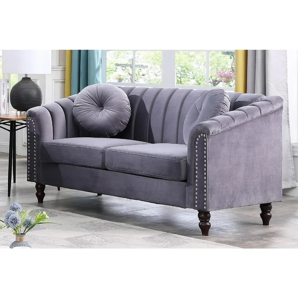 Luxurious Velvet Love Seat Chesterfield Settee Sofa Upholstered Rolled Arm with Rivets Button Tufted Pillow,Sofa for Living Room