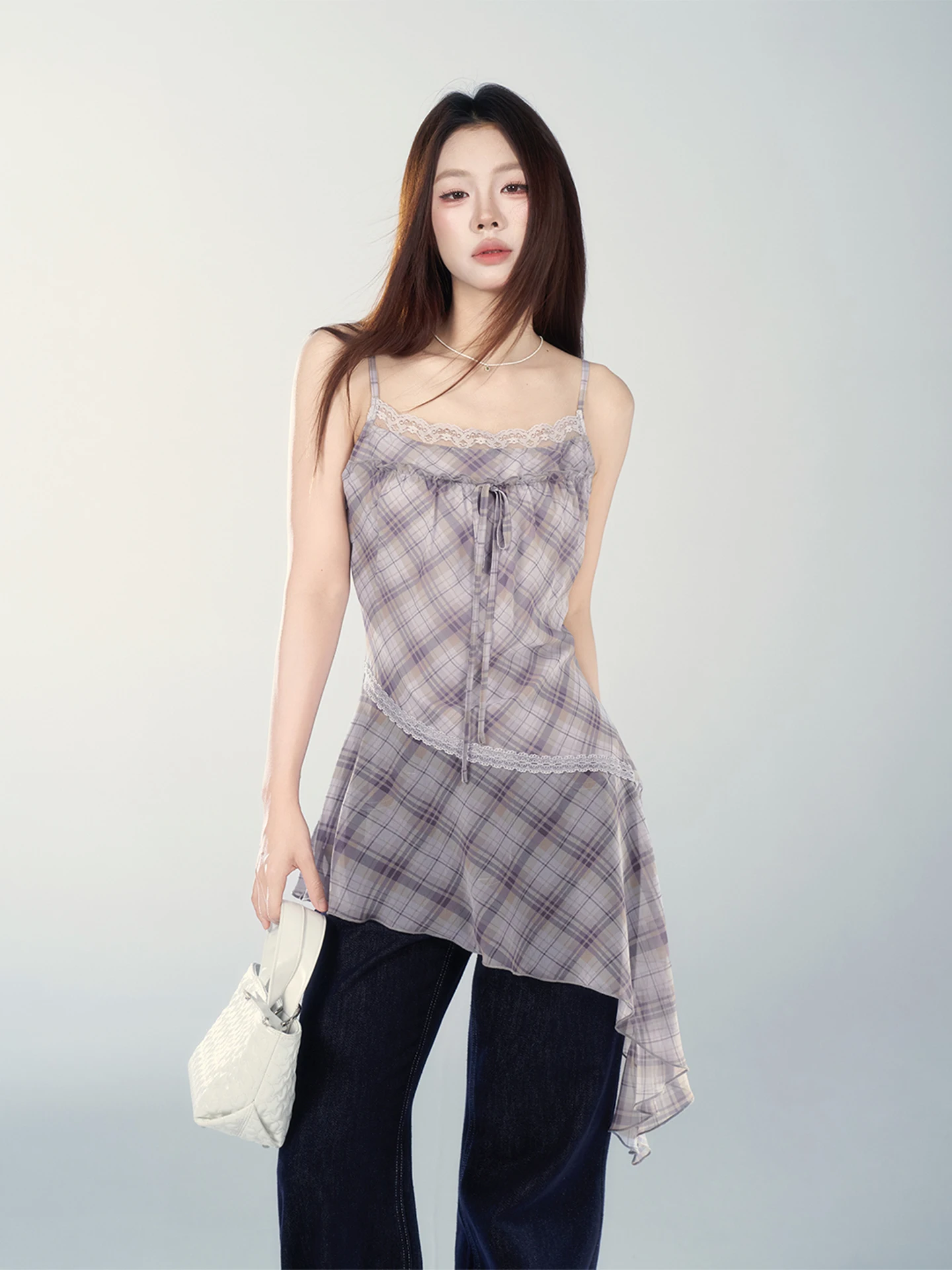 

Фиолетовая клетчатая юбка А-силуэта с завышенной талией для женщин, длинная, для офиса, весна 2026, новинка, элегантная, короткая, с рукавами.