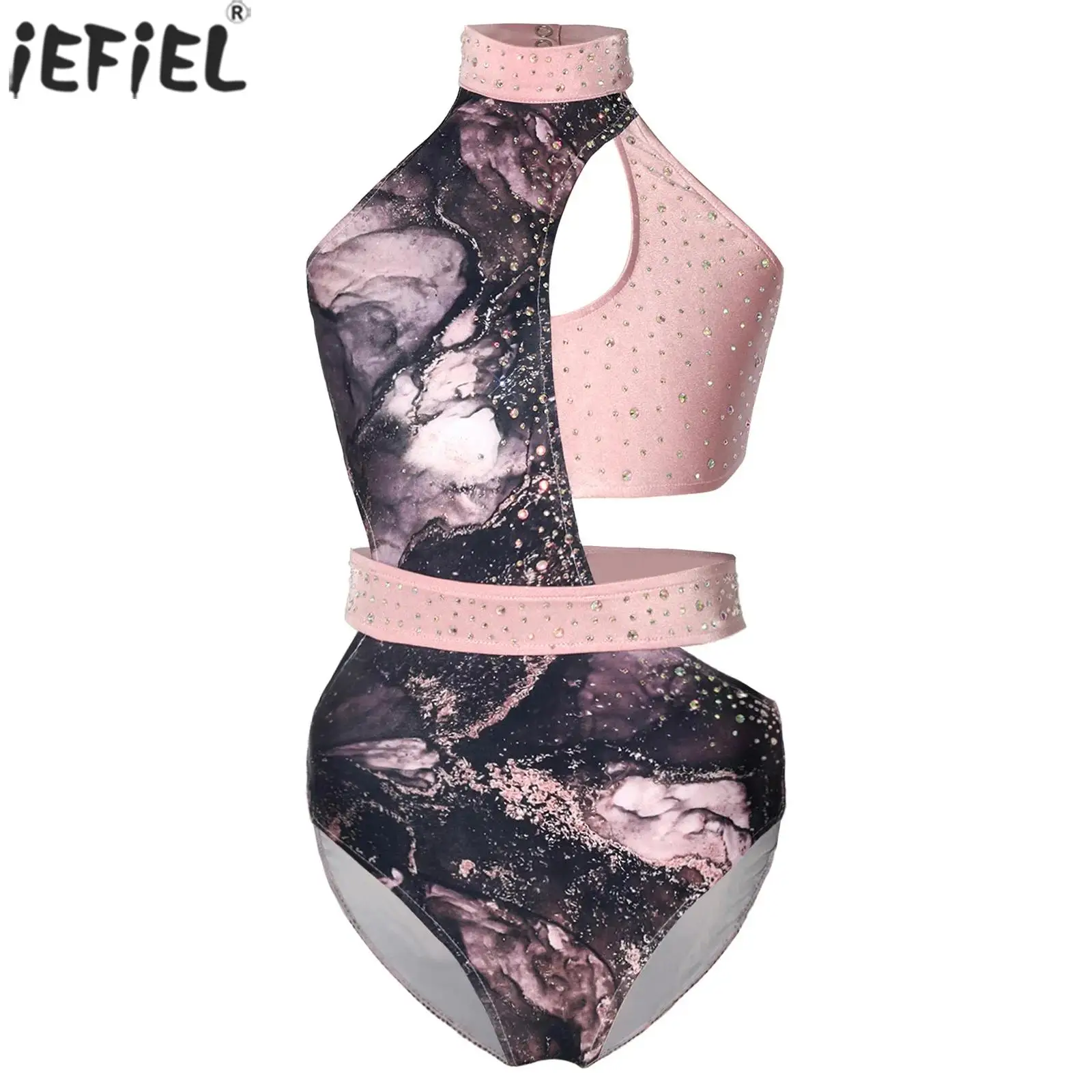 Kids Girls Artistic Gymnastics Leotard Ballet Dance Figure Skating Costume Sleeveless Shiny Rhinestone Printed Cutout Bodysuit