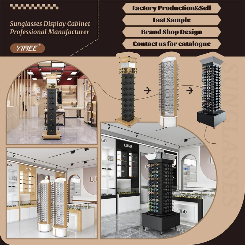 custom.New logo optical shop design metal wood sunglasses show cabinet eyeglass display for glasses store