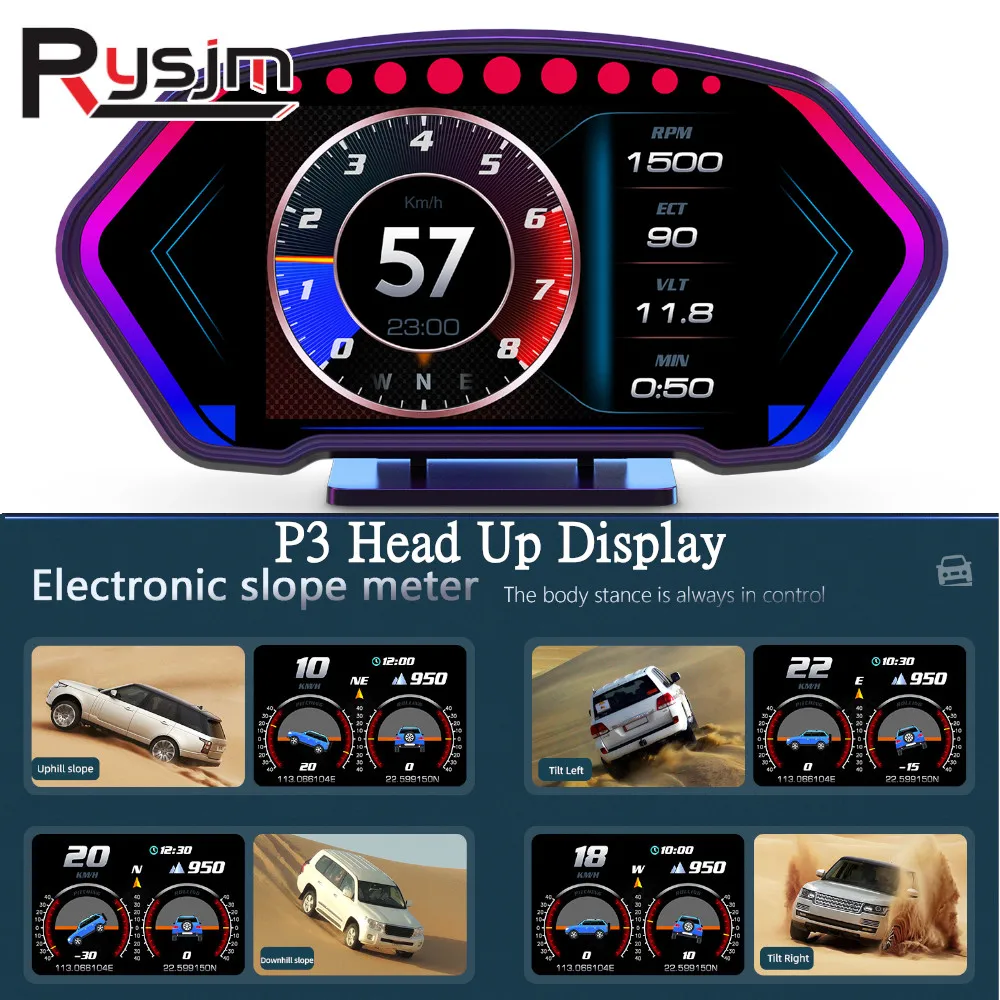 

HD P3 Car HUD Head-up Display OBD GPS Dual System Speedometer Slope Meter Voltage Oil Water Temp Fuel Consumption 36 Functions