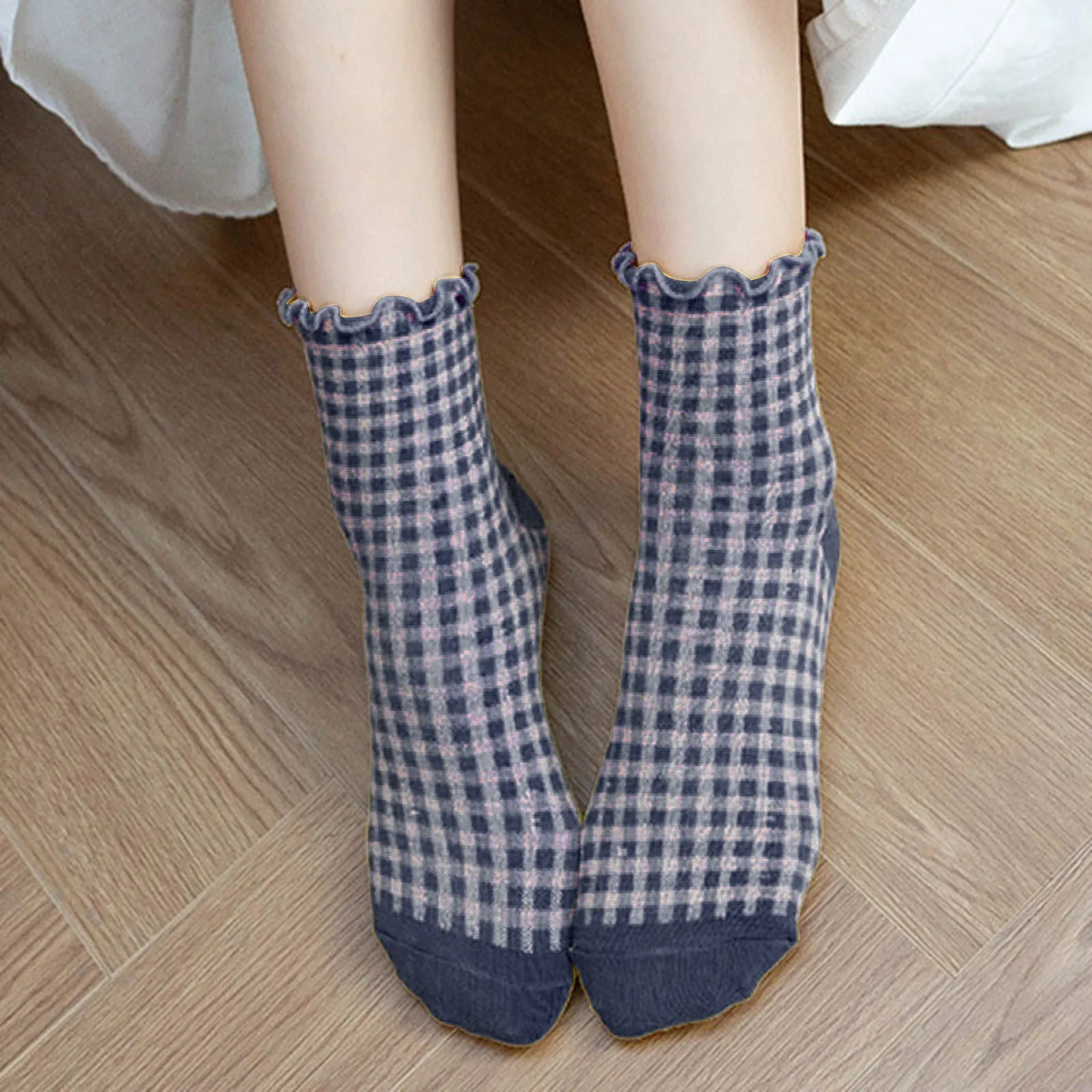 Korean Retro Plaid Lace Mid-tube Socks Girl Fungus Edge Color Lolita Cotton Socks Cute Socks Socks Woman